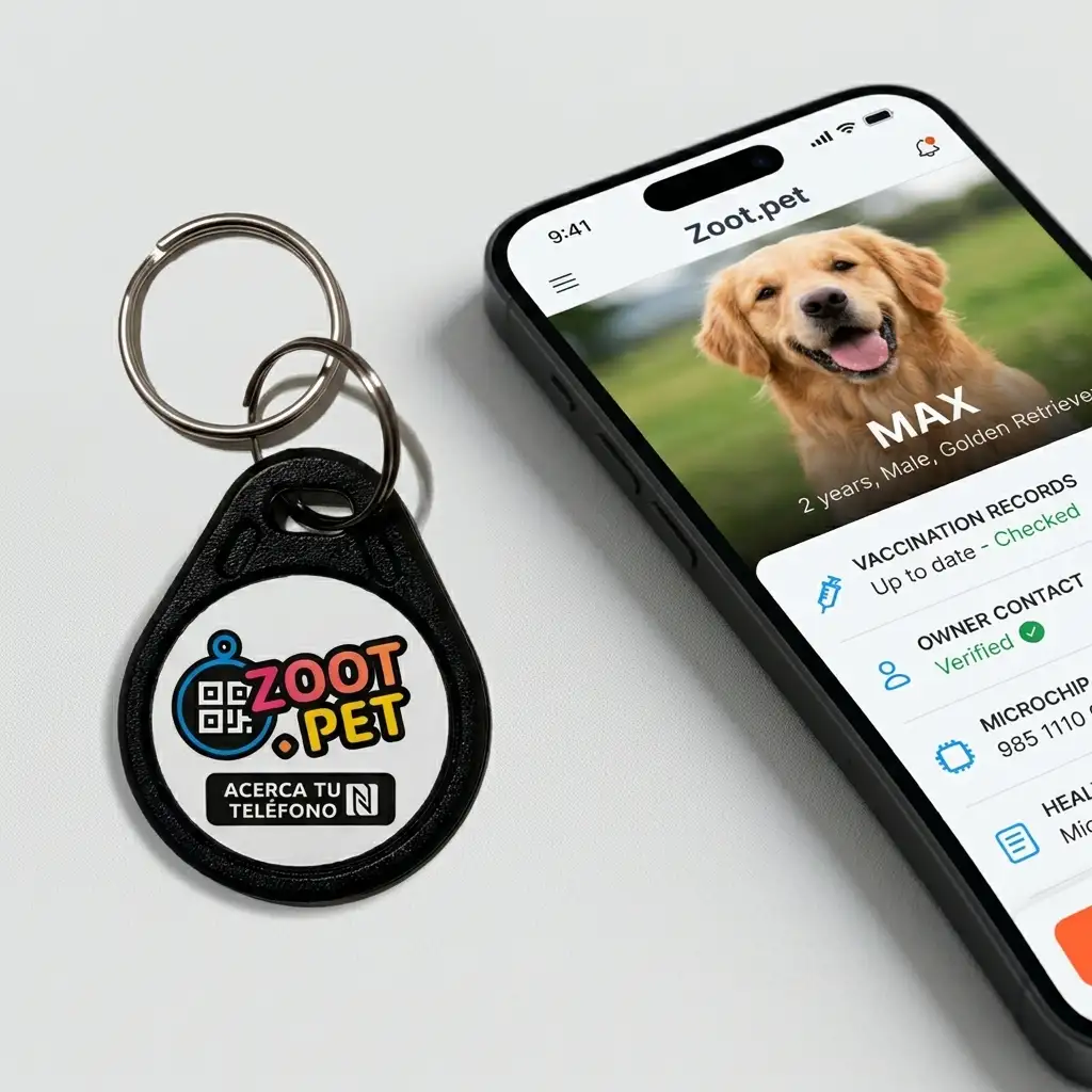 Placa inteligente Zoot.pet con código QR y NFC para identificar mascotas